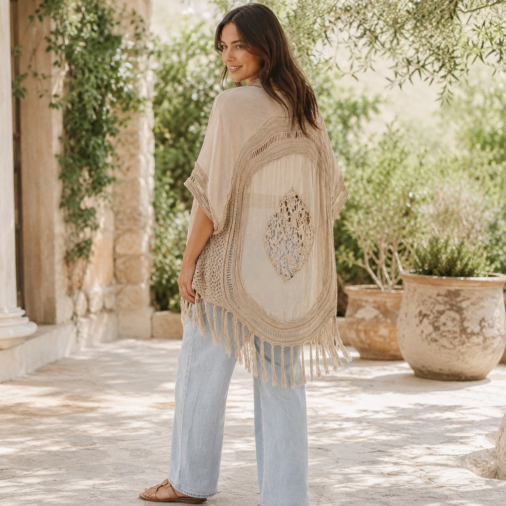 Forgotten Grace Women Beige Crochet Lace Fringe Kimono Cardigan L/XL  Boho